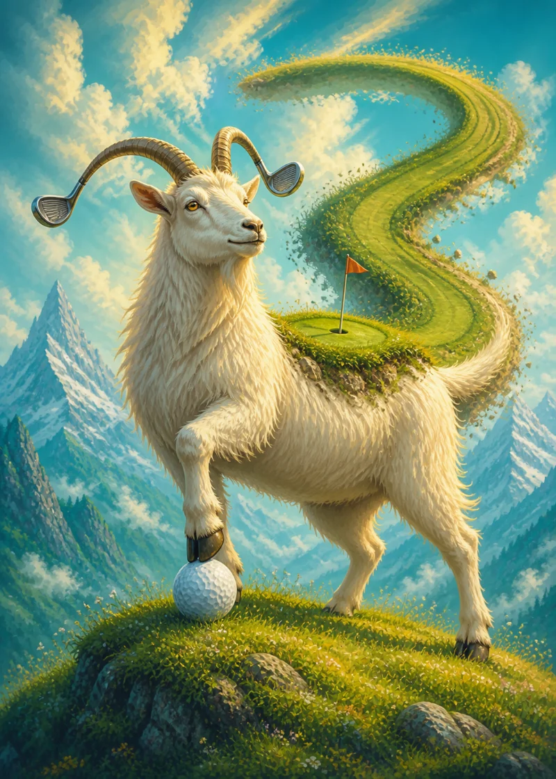 Game artwork of a fantastical goat with golf-club horns and a winding fairway tail