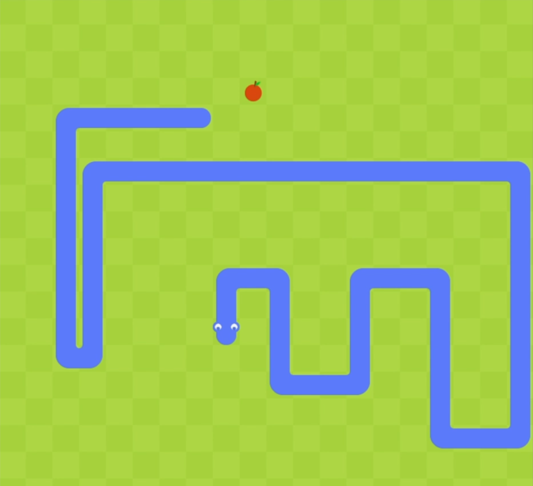 A blue snake winding across a bright green checkerboard